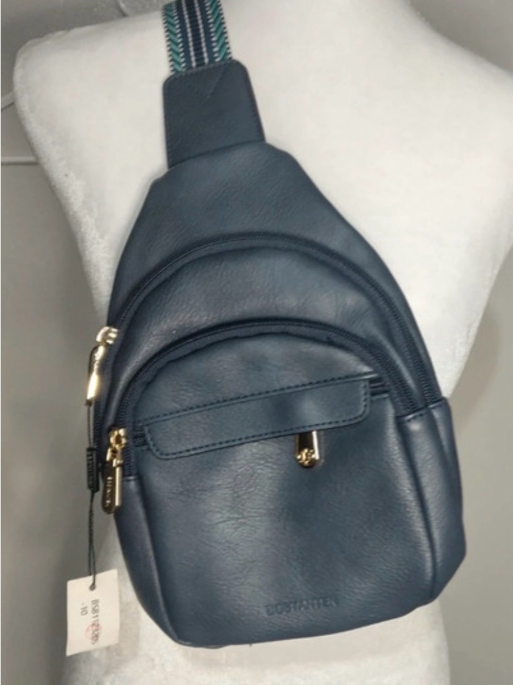 Costa Navy Blue Leather Sling Bag with Striped Strap